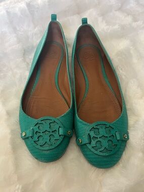 Tory Burch Teal Embossed Logo Ballet Flats